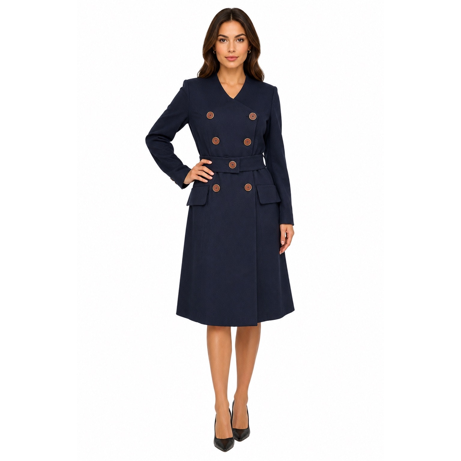 1980s Ooak Navy Belted Coat Dress Handmade Minimalist Midi Medium